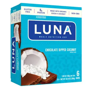CLIF Bar Luna BAR Gluten Free Snack Bars Chocolate Dipped Coconut Flavor of Protein Non-GMO Plant-Based On The Go Snacks 1.69 oz