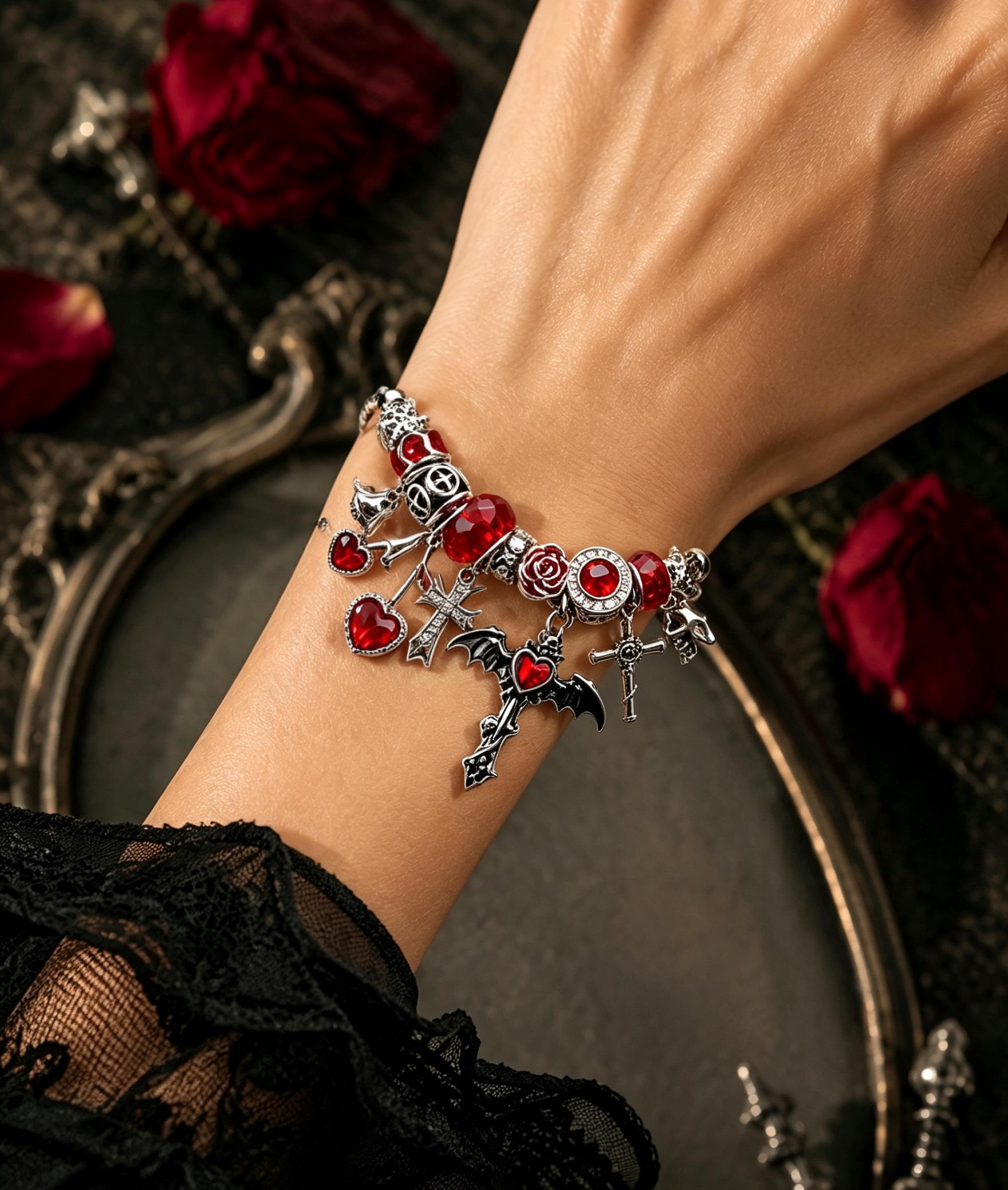 Silver‑Tone Adjustable Snake Chain Charm Bracelet for Women, Gothic Bracelet with Bat, Cross, Red Heart & Crystal Bead Charms, Punk Dark Fashion Jewelry, Halloween Costume Gift for Ladies Girls Silver‑Tone Adjustable Snake Chain Charm Bracelet for Women, Gothic Bracelet with Bat, Cross, Red Heart & Crystal Bead Charms, Punk Dark Fashion Jewelry, Halloween Costume Gift for Ladies Girls