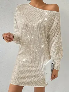 Women's Round Neck Sequin Loose Dress, Sexy Big Round Neck Shoulderless, Shiny Long Sleeve, Party Club Cocktail Dress, Christmas Holiday New Year