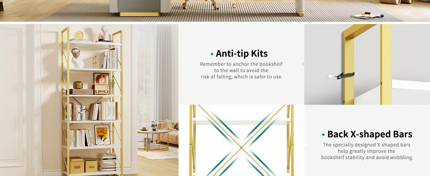 DWVO Tall Bookshelf 6 Tier Bookcase, Modern Gold Book Shelf, Open Display Storage Rack Shelves for Living Room/Home/Office/Kitchen, Holder Organizer for Books/Movies