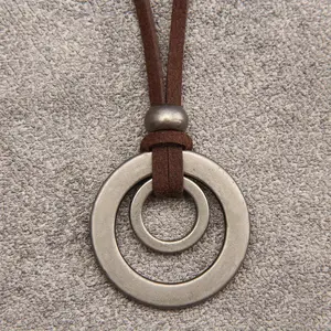 Unisex Vintage Style Double Ring Pendant Necklace with Adjustable Faux Leather Cord