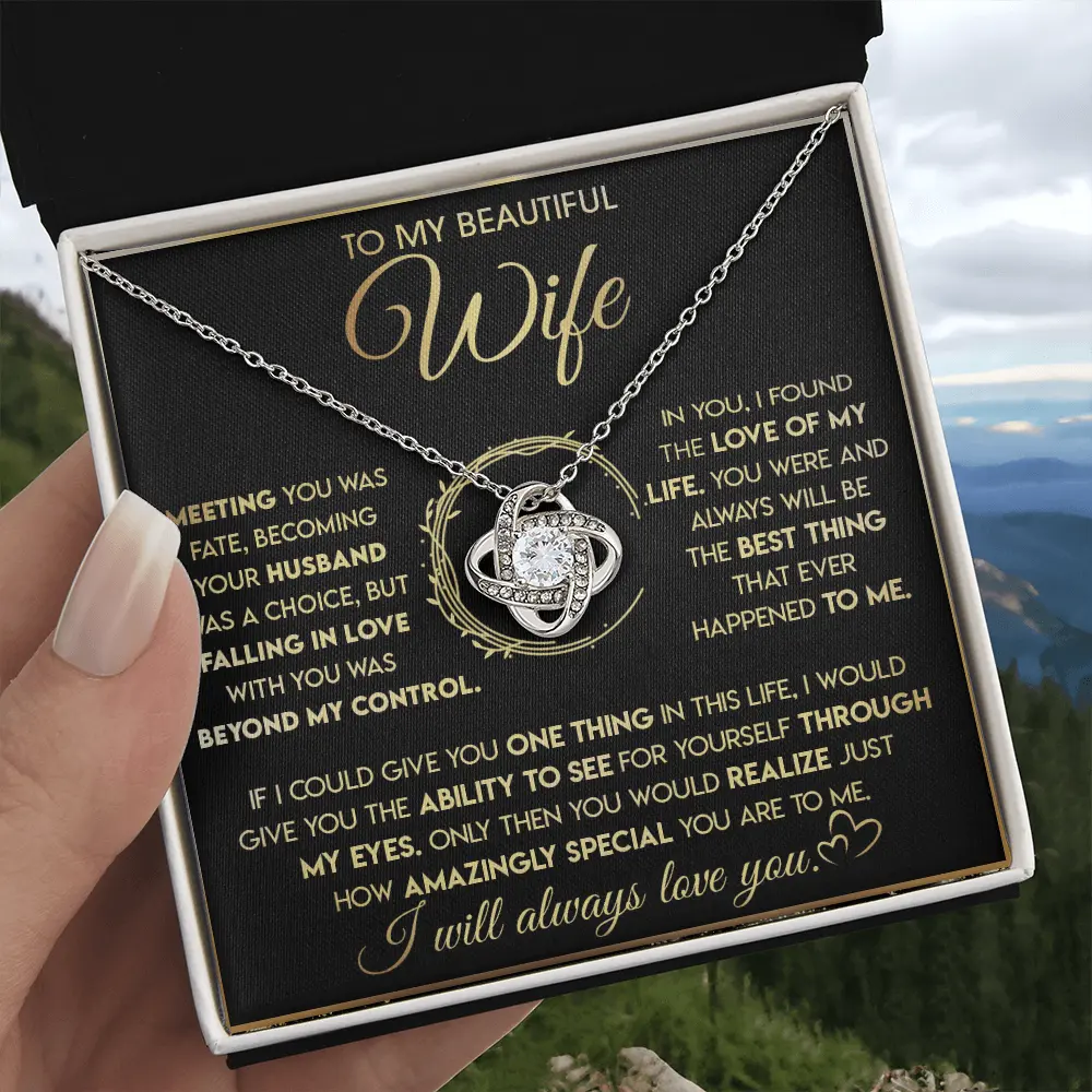 To My Beautiful Wife Love Knot Necklace, Romantic Jewelry Gifts for Wife from Husband, Wedding Anniversary Birthday Valentine's Day Present with Message Card & Gift Box
