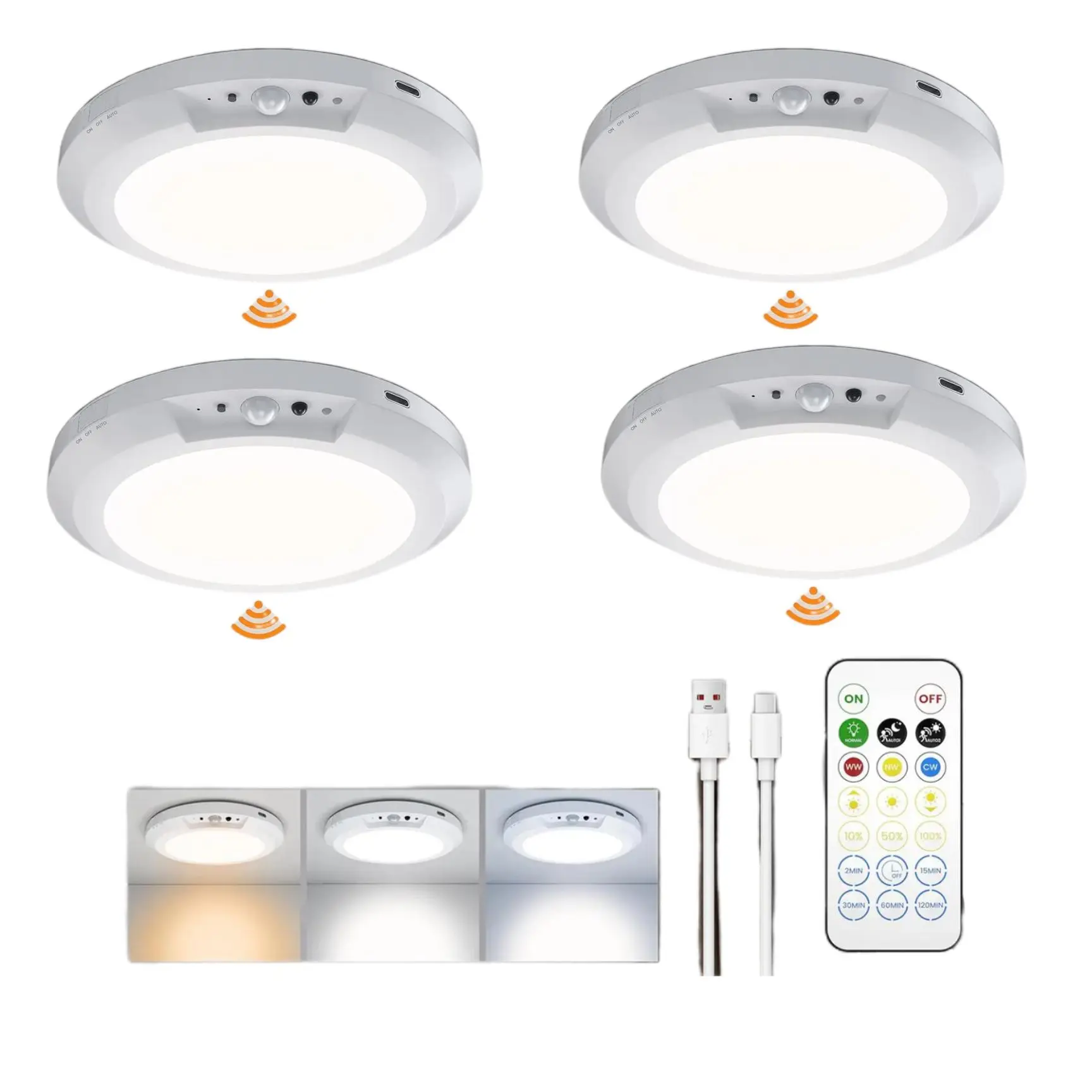 4-Pack Lithium Rechargeable Motion Sensor LED Ceiling Spotlights - Wireless Remote-Controlled Magnetic Indoor Lights, 10000mAh Adjustable Natural Light, Easy Installation for Closet, Stairs