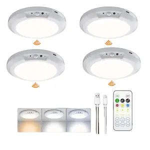 Pack of 4 Lithium Rechargeable Motion Sensor LED Ceiling Lights - Wireless Remote-Controlled Magnetic Indoor Lighting, Automatic Light Up Ceiling Spots, Easy Installation for Closet, Stairs, Porch