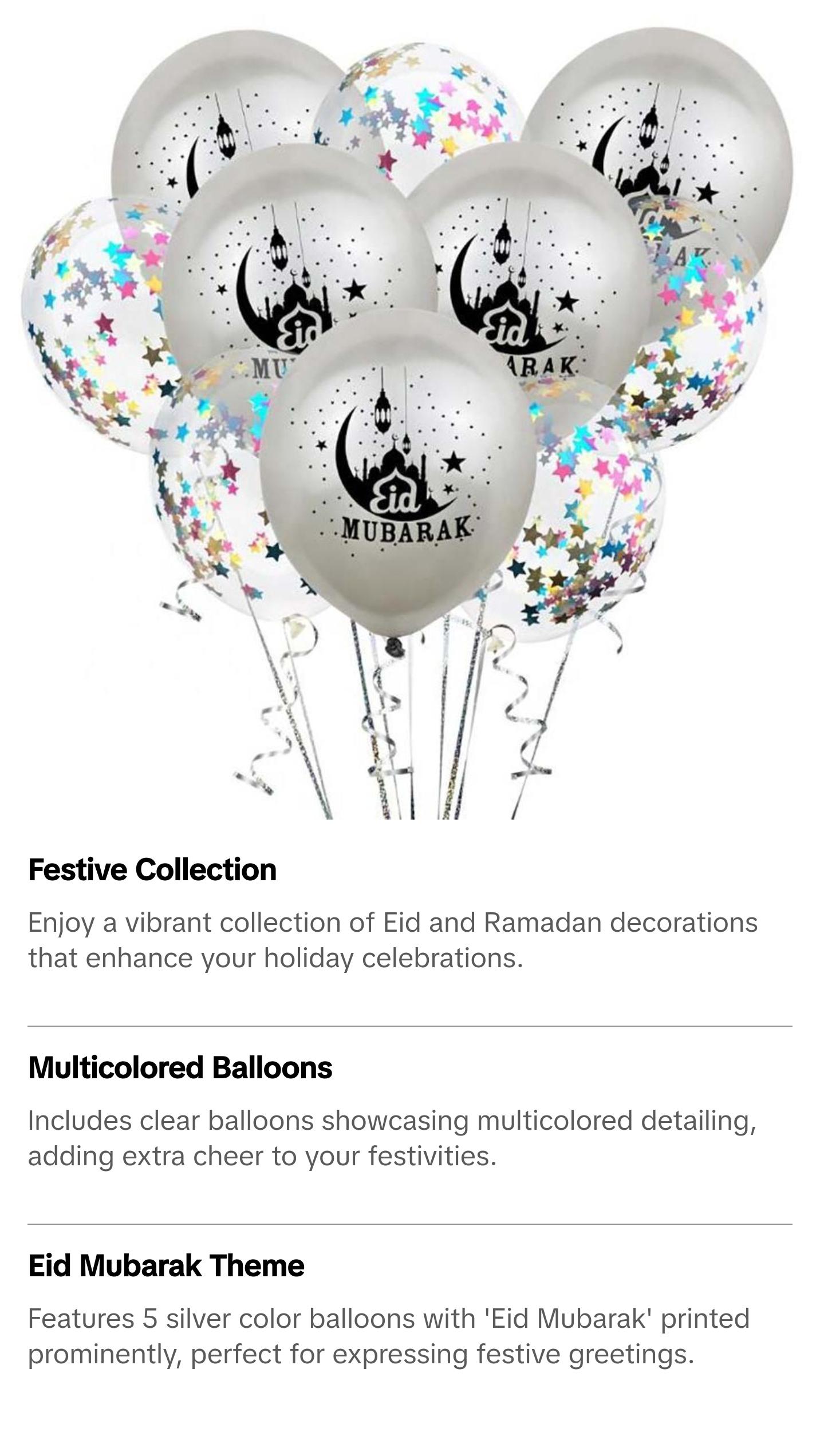 Islamic Holiday Decor | Eid Mubarak Balloons | 10 Pack - Silver & Multicolored