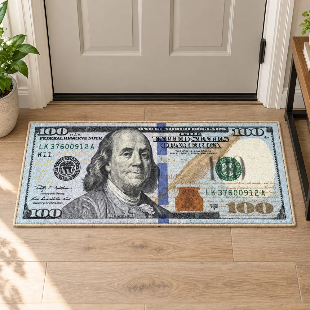 100 Dollar Bill Money Mat - Novelty Cash Print Indoor Floor Mat Non-Slip Doormat for Bedroom & Entryway Decor
