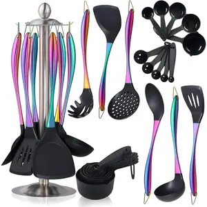 Utensils Set, 17pcs Kitchen Utensil Set with Rotatable Holder, Silicone Utensils for Cooking, Spatula Set with Stainless Steel (Rainbow)