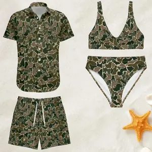 Camo Matching Couple Swimwear, Green Brown Classic Military Camouflage Pattern Shirt Shorts & Bikini Set Summer Beach Outfit for Him and Her, Perfect Gift for Beach Couple Vacation and Honeymoon