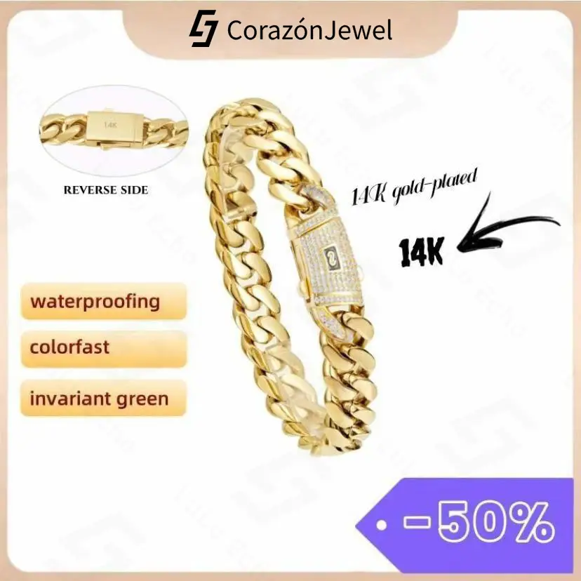 CorazónJewel Mens/Women 14K Gold Plated Cuban Link Bracelet Stainless Steel Miami Thick Necklace Hip Hop Jewelry 6/8/10/12/14MM
