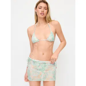 Cider Halter Neckline Tie Dye Bead Tie Side Triangle Low Rise Bikini Set With Skirt SwimWeek