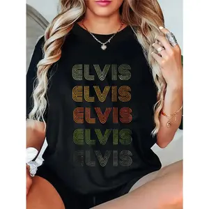 Women's 100% Cotton Fitted Crew Neck Vintage Black Elvis Short-Sleeve Casual Chic Top, Women's T-Shirt Clothes for Summer Wear