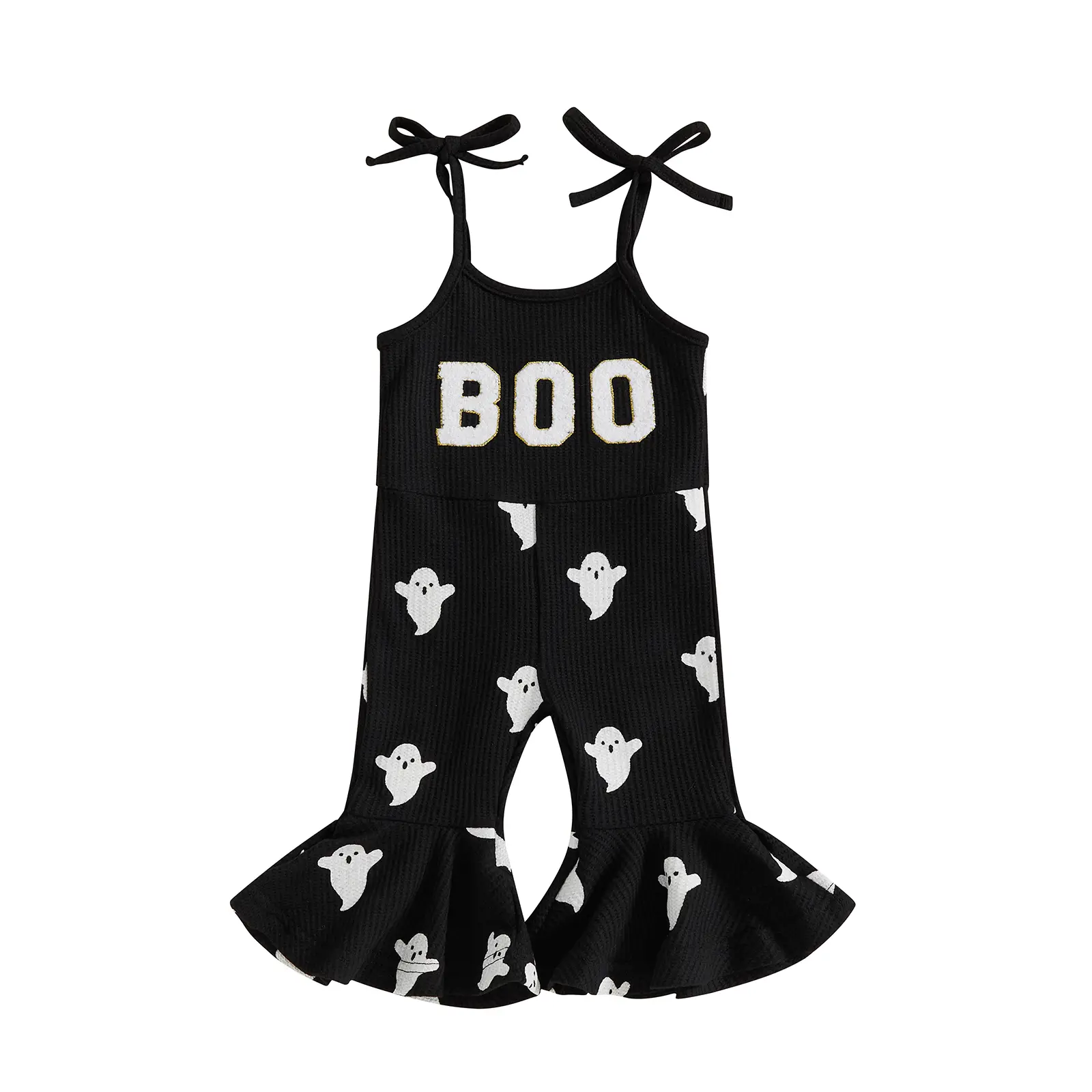 Toddler Girls Hallowee Overalls Jumpsuit Ghost Print Letter Embroidery Tie-up Spaghetti Strap Flare Pants Romper