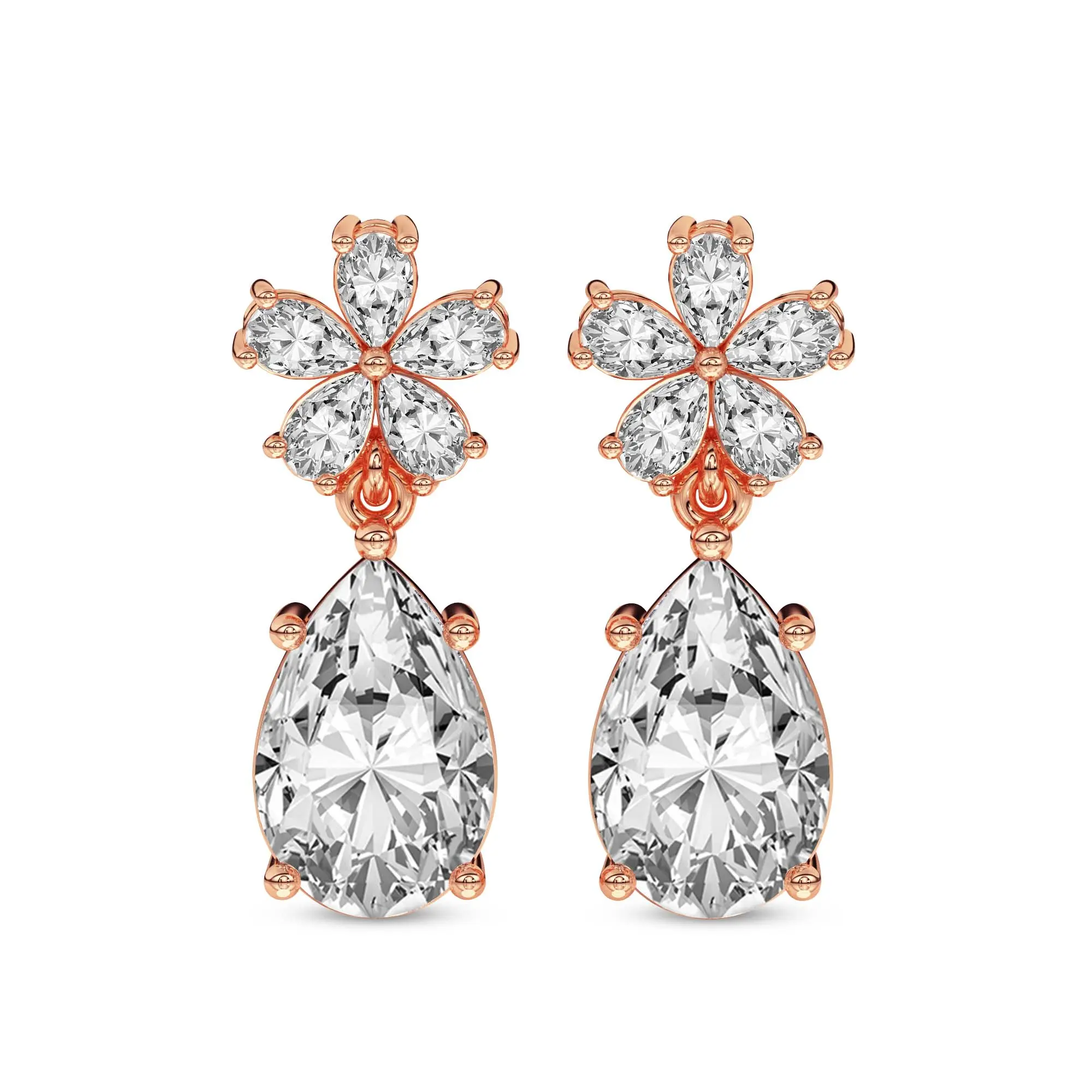 Lab Diamond Fashion Earrings 14Kt Rose Gold 4Ct Iris Bloom Flower Fashion Lab Diamond Dangle Earrings F-G Color, VS Diamond, IGI Certified - Friendly Diamonds