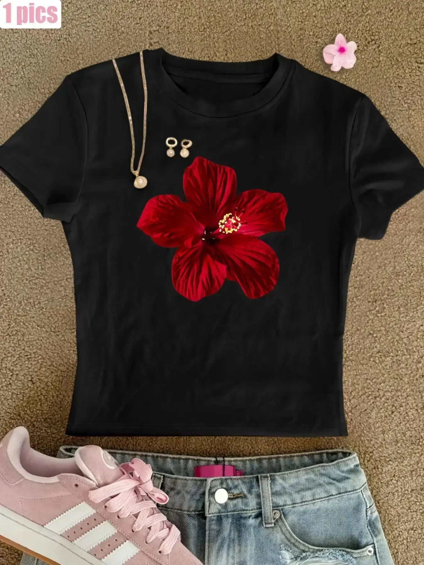 Unisex Graphic Tee Red Hibiscus Flower Tropical Floral Print Crop Top Design Casual Summer Streetwear Style Crewneck Short Sleeve Soft Cotton Breathable Slim Fit Daily Wear Vacation Beach Outfit Trendy Aesthetic Gift Top