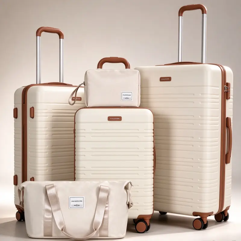 Cream Full Hard Shell Luggage Set, 5-Piece Hard Plastic Luggage with 20/24/28in Cases, Travel Bag, Wash Bag, TSA Lock, 4-Wheel 360° Silent Roll, Wear-Resistant, Scratch-Resistant, Textured Finish, Expandable, Portable Travel Gear, Hard Plastic Luggage Set