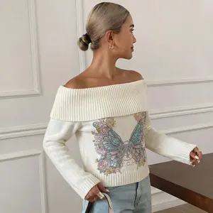 TCH - Counter Authentic Butterfly Rhinestone Elegant Off-Shoulder Blouse 2026 Spring/Summer Chic Knit Top for Women - Soft Girl Aesthetic #CleanGirl