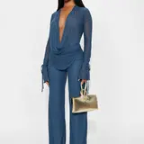 【Black Friday】Women's Fashion Casual Fit Two-Piece Set, Deep-V Mesh Top & Wide-Leg Pants, Trendy Long Sleeve Cuff Tie Design, Perfect for Daily Wear