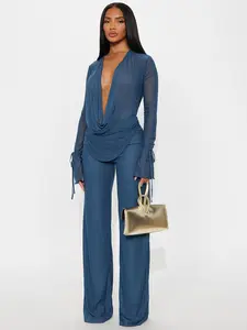 Women's Deep V Neck Blouse Set, Long Sleeve Crop Top & High Waisted Pants, Sexy Chic Plain Design, Fall Winter Fashion