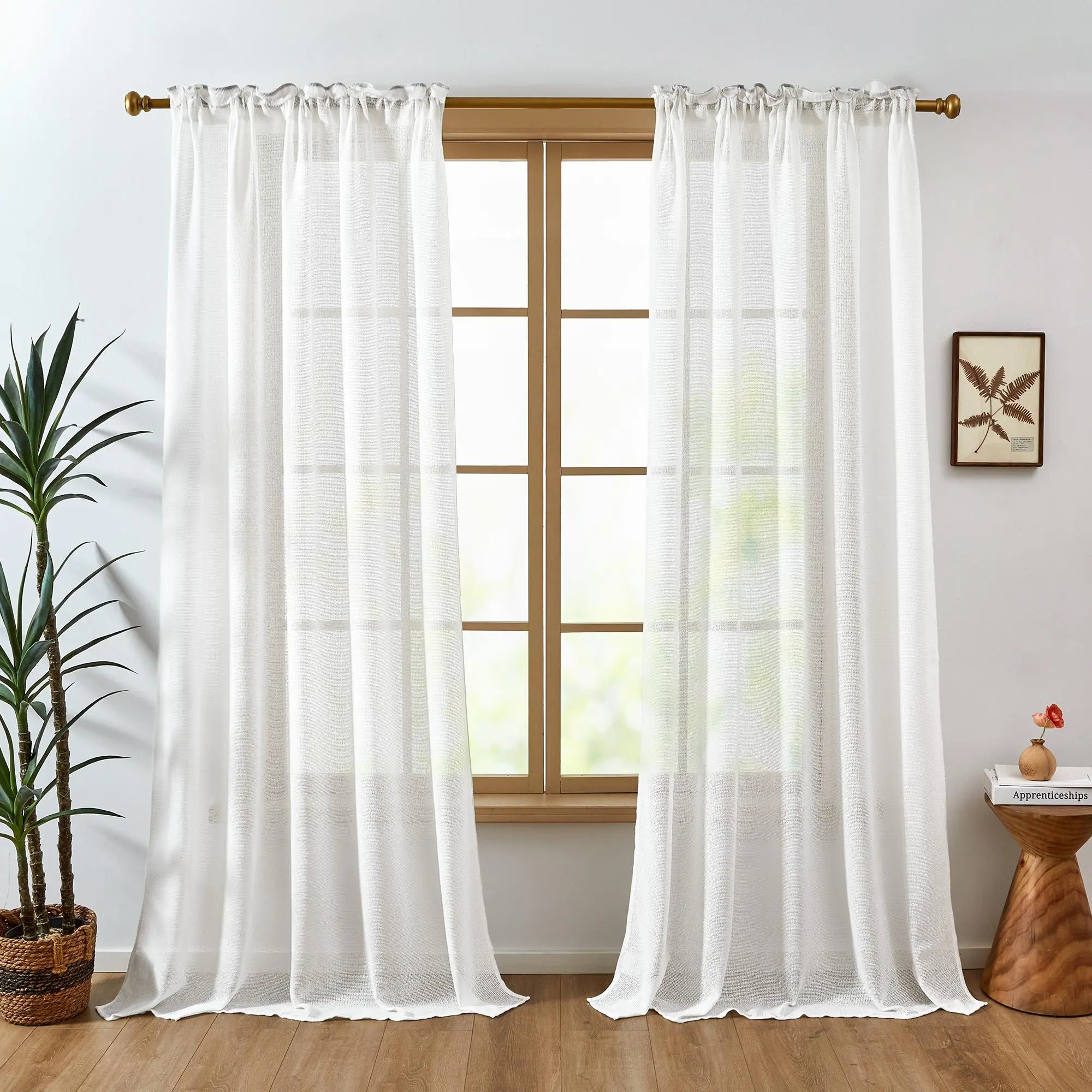 Deconovo Sheer Curtains Wool Texture Small Grid Design Rod Pocket Panels for Home Decor