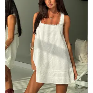 Women Loose Mini Dress Casual Summer Lace Patchwork Square Neck Sleeveless Party Dress for Beach Club Streetwear