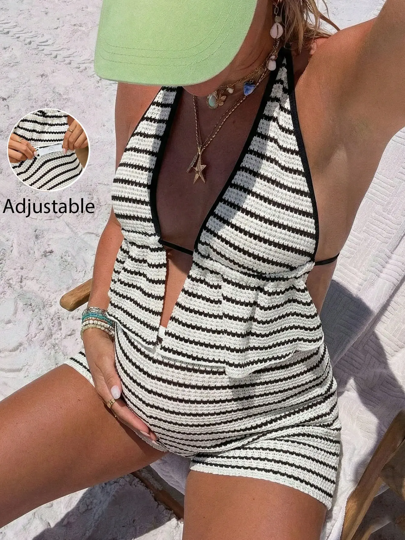 LALUZ 2pcs Maternity Black And White Striped Halter Backless Tie-Up Adjustable Top And Shorts Set Summer Elegant Beach Holiday Vacation Outfits