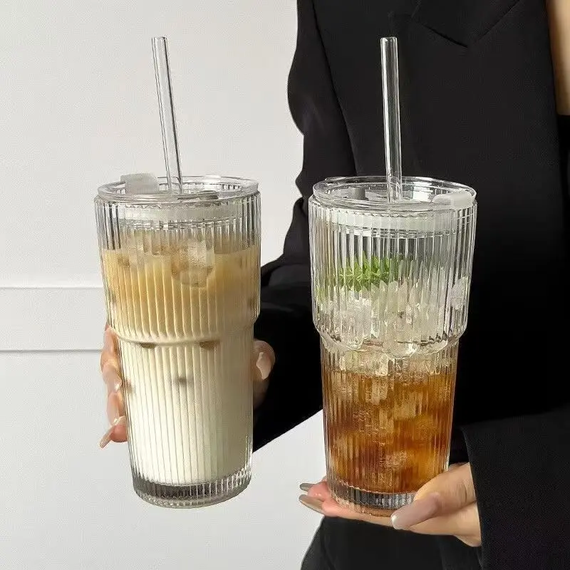 Large Capacity Vertical Striped Convenient Straw Glass Cup, Summer Water Bottle, Ice American Coffee Mug, Office Cold Drink Cup, Home Use, Stylish Glass Cups