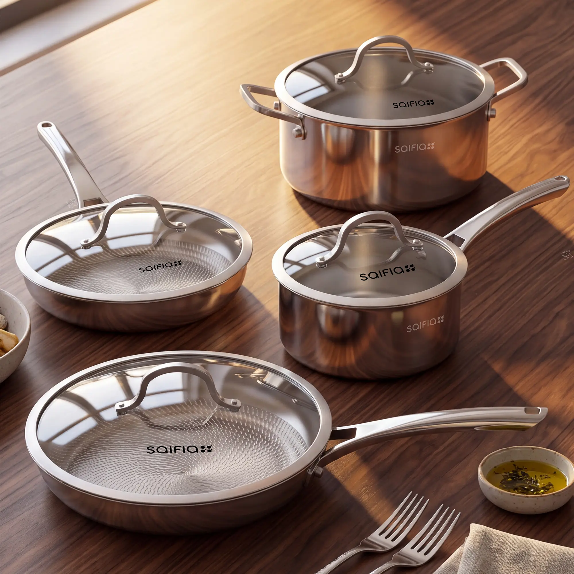 SAIFIA Titanium Cookware Set, Pots and Pans Set with Glass Lids, Induction Compatible, Dishwasher & Oven Safe, Stay-Cool Handles for Home Kitchen Cooking