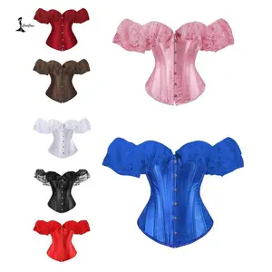 Women'sBonedCorsetBoatNeckShortSleeveOffShoulderLaceOverbustBodyShaperBowTieCourtStyleFashionTops