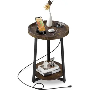 VEVOR End Table, 3-Tier Narrow Side Table with Open Storage Shelves, Modern Nightstand Bedside Desk with Round Metal Frame, Wood Sofa Coffee Desk for Living Room, Bedroom, Office, Rustic BrownVEVOR Super Brand Day