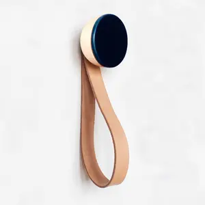 Small Wood & Ceramic Coat Hook / Hanger Leather Strap - Dark Blue