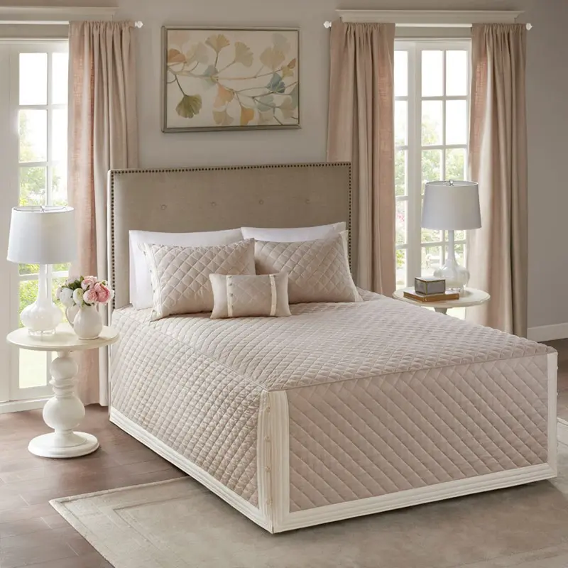 Cotton Reversible Tailored Bedspread Set, 4-Piece, Khaki, Soft Lightweight Coverlet with Shams, All-Season Bedding, Multiple Size Options
