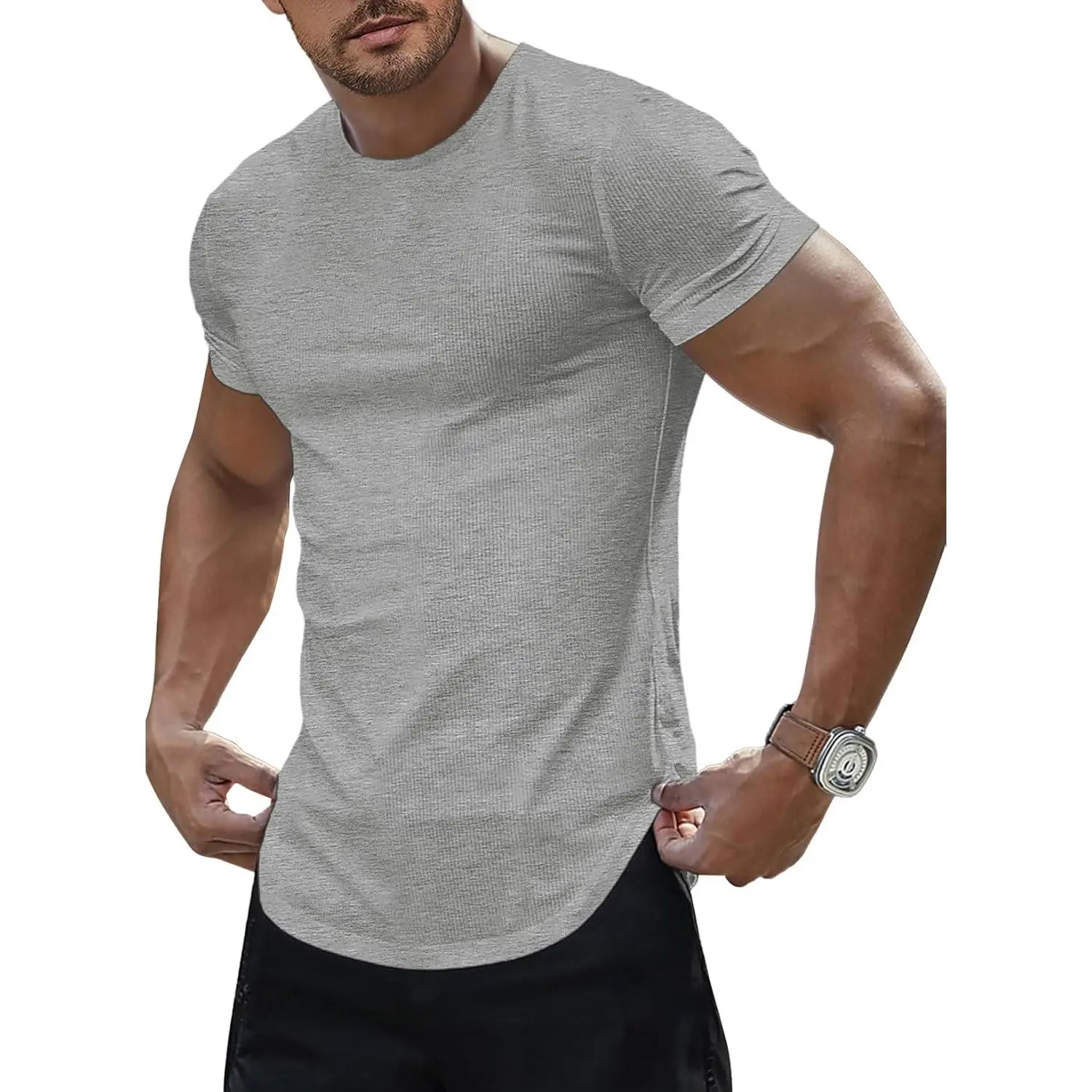 Mens Short Sleeve T Shirt Summer Muscle Slim Fitted Crewneck Longline Tees Shirts for Gym Workout