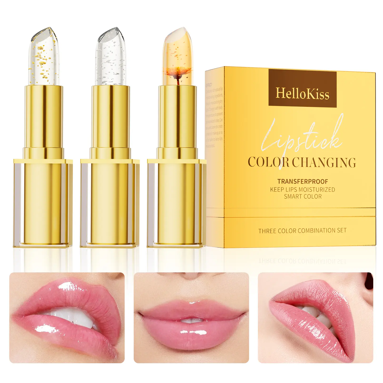 3PC Moisturizing Color-Changing Lipstick Balm – pH Temperature Reactive Tint, Gold Crystal Glow Finish, Smooth Hydration for Soft Shiny Everyday Lips.