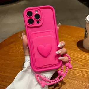 Rose High Bamboo Heart Card Holder, Bank Card Student ID Case, Personalized Phone Cover Casing Compatible with iPhone 11-16 Series