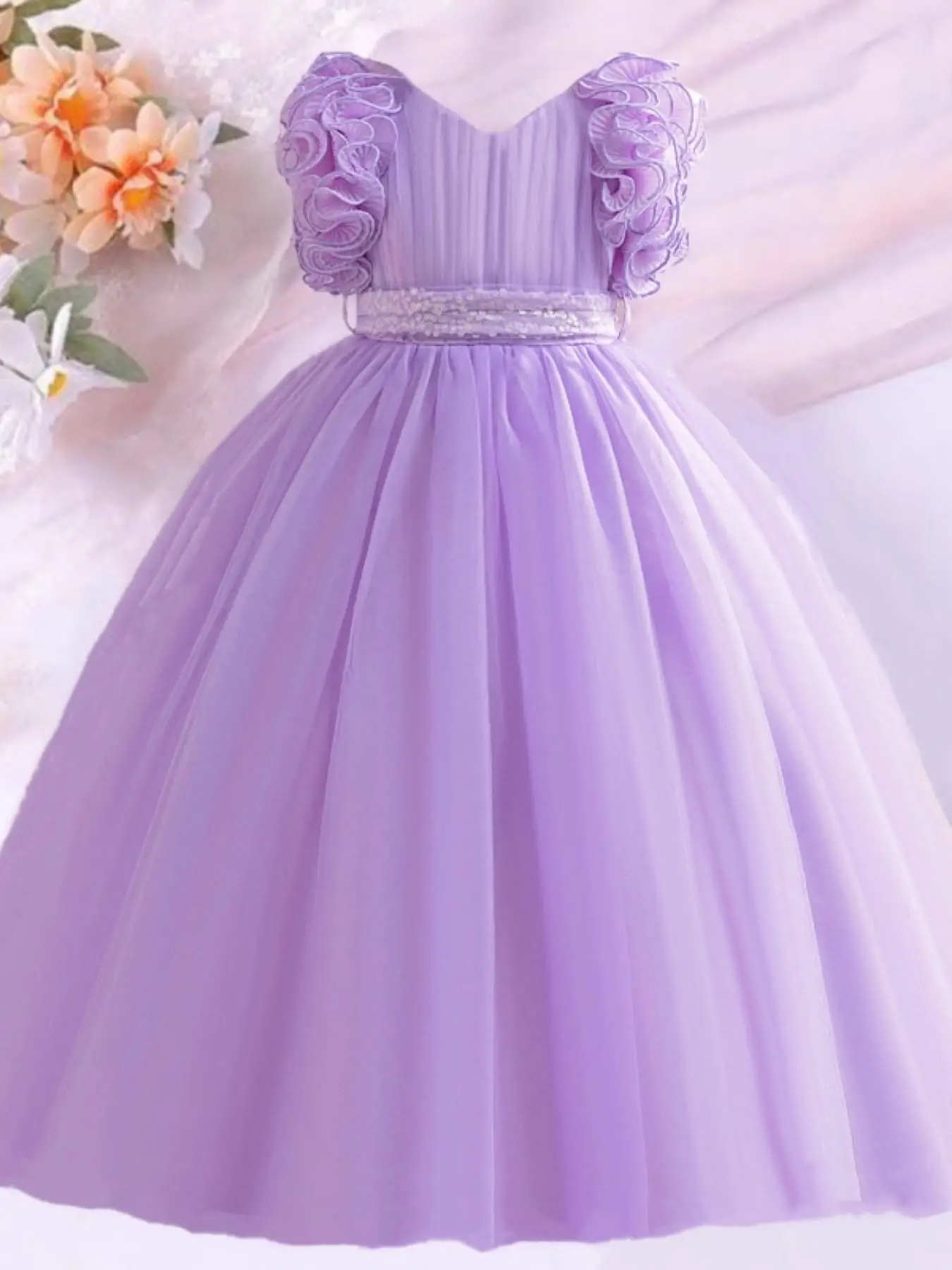 Girl's Bow Back Contrast Mesh Fit and Flare Dress, Elegant V Neck Sleeveless Midi Dress for Party Wedding Guest, Kids Clothes for All Seasons