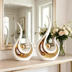 Modern Abstract White & Gold Ceramic Decor Set, 2-Piece Elegant Sculptural Accents for Living Room, Fireplace Mantel, Dining Table, Shelf & Entryway, Luxury Home Decor Centerpiece for Contemporary & Mid-Century Style