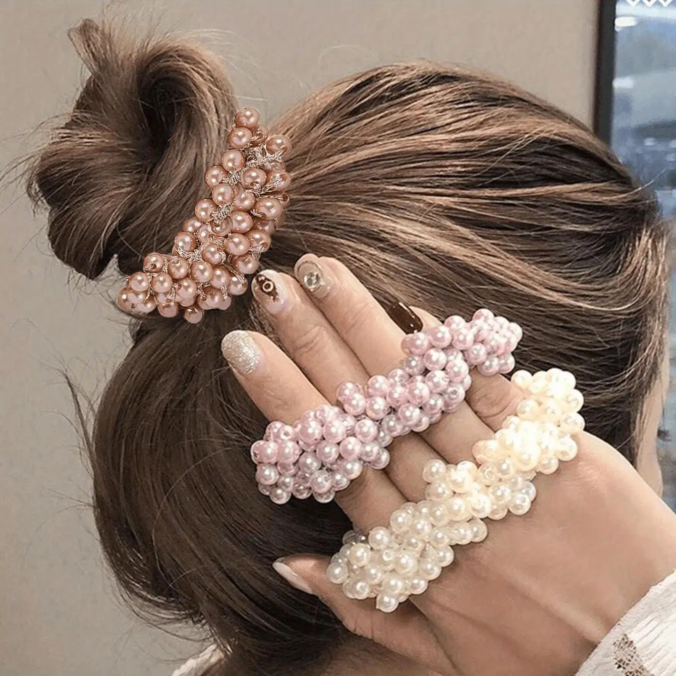 1pc Sweet Pearl Beaded Hair Accessories, Including Pearl Headbands And Hair Ties