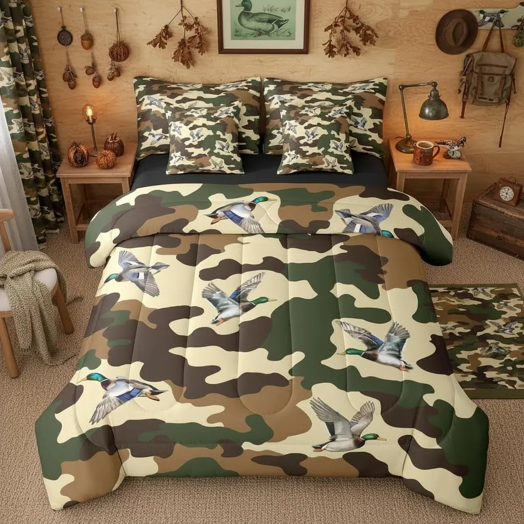 Mallard Duck 7 Piece Bedding Set Camo Comforter Set with Sheets Wild Ducks Camouflage Army Camo Print Bed in a Bag Farmhouse Beige Green Camouflage