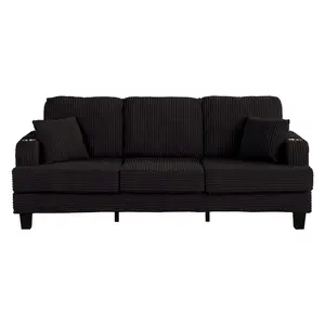 Black 3 Piece Living Room Sofa Set 3-Seater+Loveseat Couch with Storage Ottoman USB Charger Side Pockets & Throw Pillows