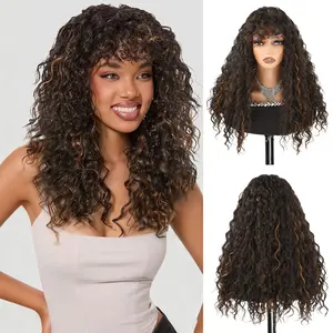 Auvzy Hair  20 Inch Synthetic Hair M427 Highlight Brown Curly Wig with Bangs Glueless Synthetic Bang Wigs with Realistic Scalp Put On ang Go Beginner Friendly