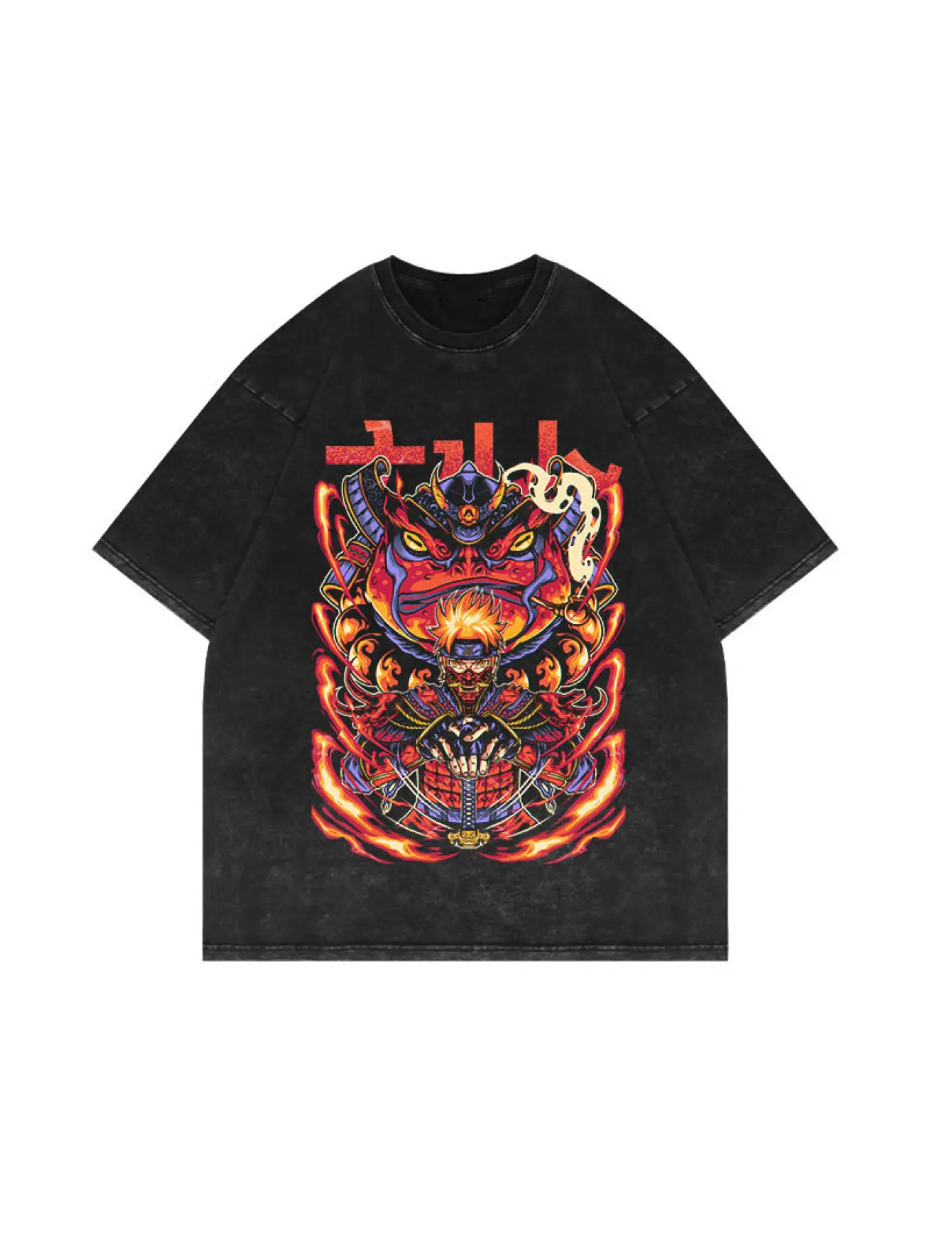 etro Japanese Samurai Ninja Anime T-Shirt, Washed Vintage Fire Spirit Warrior Graphic Tee, Y2K Streetwear for Otaku, Perfect Gift,Cool Shirts,Graphic Washed Oversized Tees for Men & Women,Summer Round Neck Short Sleeve ,Sports Shirt,Workout T-shirt