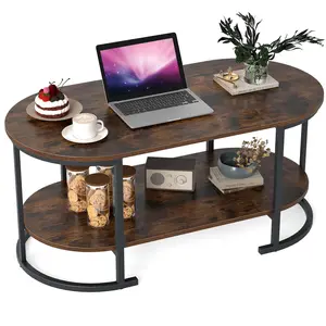 COSTWAY - Oval Coffee Table 2-Tier Wooden Accent Table with Spacious Tabletop and Open Storage Shelf-Rustic Brown