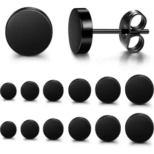 Black Stud Earrings for Men Women Stainless Mens Earrings Hypoallergenic Round CZ Square Black Earring Studs Set 6 Pairs 3mm-8mm