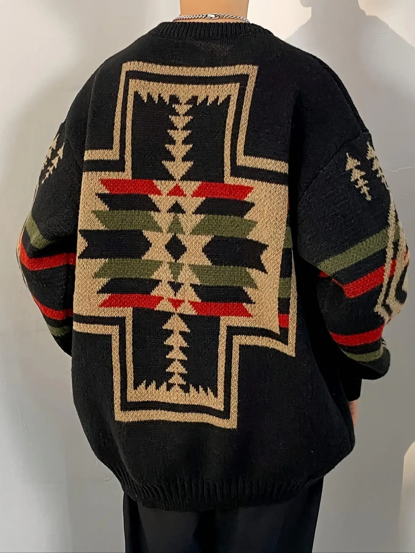 【Plus Size】 Men's Geometric Print Drop Shoulder Sweater, Casual Long Sleeve Round Neck Jumper for Fall & Winter, Fashion Men's Knitwear for Daily Wear