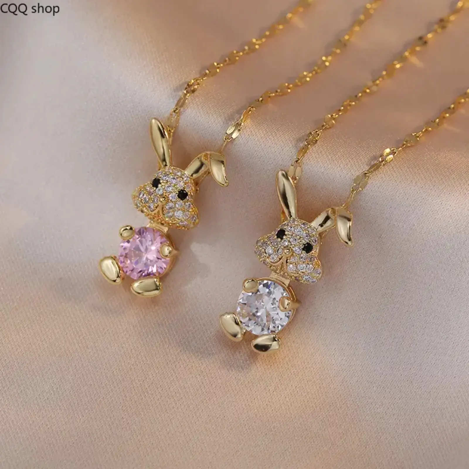 2 Pcs Cute Bunny Pendant Necklaces, titanium steel chain with sparkling zircon. Sweet luxury rabbit design for women, elegant trendy jewelry for daily wear, dates and gifting