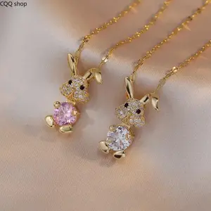 2 Pcs Cute Bunny Pendant Necklaces, titanium steel chain with sparkling zircon. Sweet luxury rabbit design for women, elegant trendy jewelry for daily wear, dates and gifting