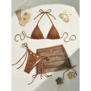 Solid Color Mesh 3pcs Bikini Set with Shell Embellishments, Triangle Tie-Neckline, Semi-Sheer Hip Skirt, Sexy High Stretch for Beach Vacation!