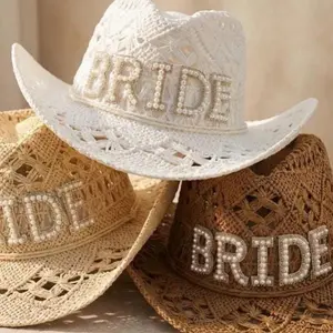 Bride Beach Cowboy Hat Pearl Letter Straw Bachelorette Hat Bridal Party Gift