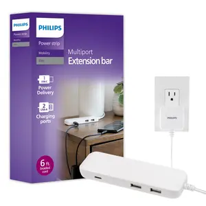 Philips USB Extension Bar, 3 ports, 2 USB-A ,1 20W USB-C, 32W Total, 6ft. Cable, White