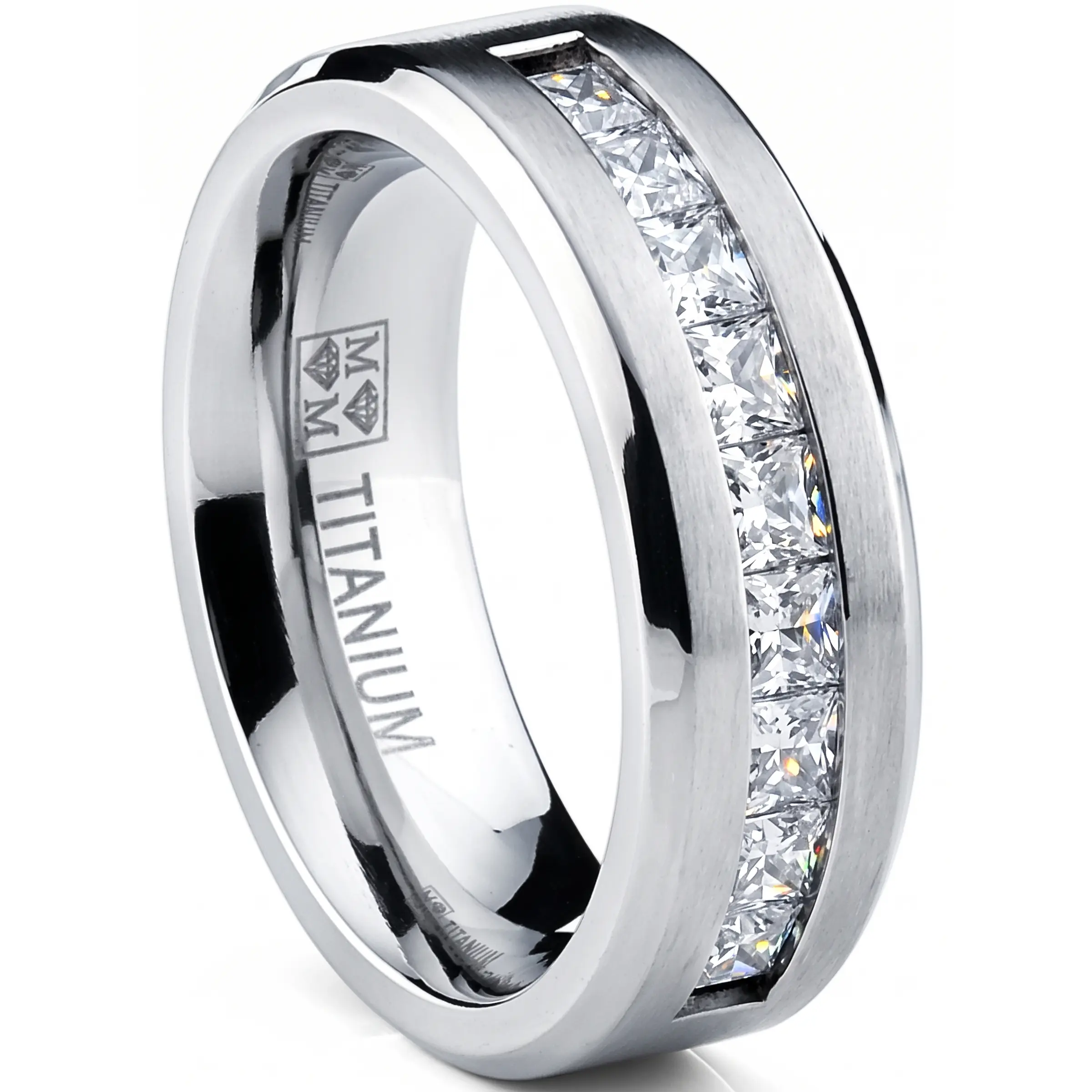 Titanium 1Ct. Men's Wedding Band Engagement Ring with 9 large Princess Cut Cubic Zirconia